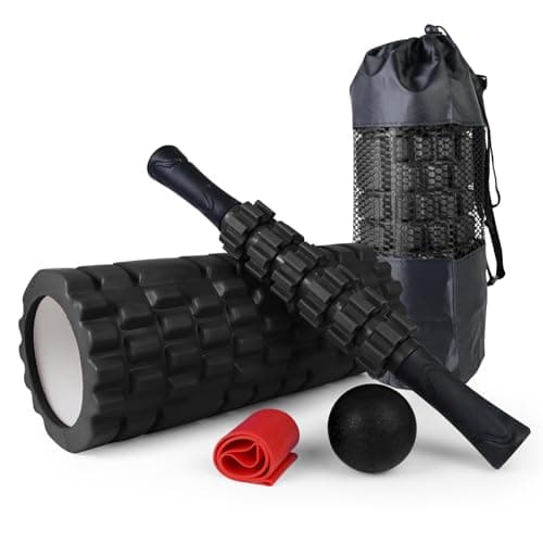 5 in1 Foam Roller Set, Trigger Point Foam Roller, Massage Roller Stick, Massage Ball, Resistance Band for Deep Muscle Massage Pilates Yoga,Fitness Exercise for Whole Body (Black)