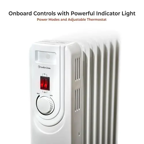 Comfort Zone Electric Oil-Filled Radiant Radiator Space Heater, Never Refill, Adjustable Thermostat, Tip-Over Switch & Overheat Protection System, Ideal for Home, Bedroom, & Office, 1,200W, CZ7007J 7