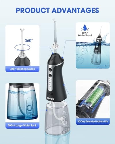 Water Dental Flosser, Portable Oral Irrigator with 300ML Water Tank, IPX7 Waterproof, Rechargeable, 4 Modes for Deep Teeth Cleaning, Travel-Friendly (Black) 7