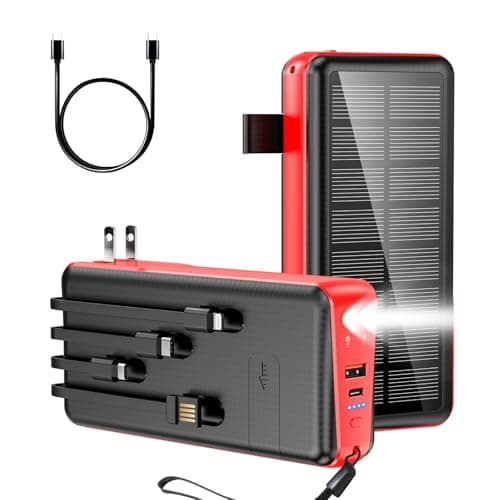 boogostore Portable Charger with Built in Cable and Wall Plug 50000mAh 22.5W Fast Charging Solar Power Bank with 5 Output & 2 Input Dual LED Flashlights Phone Holder External Battery Pack (Red)