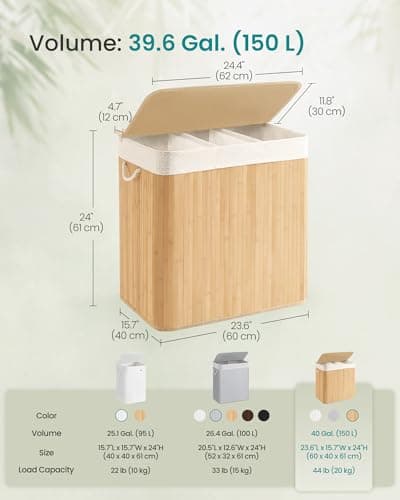 SONGMICS Laundry Hamper, 39.6 Gal. (150 L), 3-Section Laundry Basket, Laundry Hamper with Lid, Bamboo, Foldable, Removable and Machine Washable Liner, for Laundry Room, Bedroom, Natural ULCB091N01 5