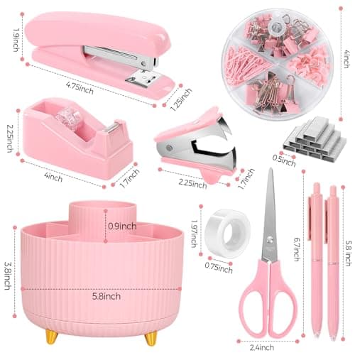 SKYDUE Pink Desk Accessories 10Pcs, Rotating Pen Holder for Desk, Stapler, Staple Remover, Tape Dispenser,2pcs Tape Refills, Binder Paper Clips Kit, Scissor,Pink Office School Supplies 6