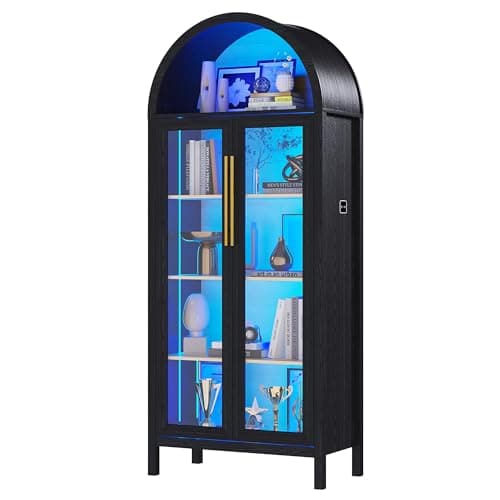 HWB Arched Curio Display Cabinet with Glass Doors, 5-Tier Glass Display Storage Pantry Cabinet with 3 Color LED Lights, Human Sensor, Black