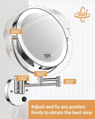 Gospire 9” Wall Mounted Lighted Magnifying Mirror, 1X/10X Magnification Double-Sided LED Bathroom Mirror, 3 Color Lights & Stepless Dimming with Touch Sensor, Extendable Arm 360° Swivel for Shaving 6