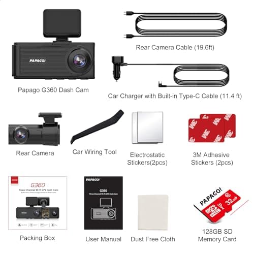 PAPAGO G360 Dash Cam, 3 Channel WiFi Built-in GPS Dashcam, STARVIS IR Night Vision, 2K+1080P+1080P Front Inside and Rear Triple Car Camera, Loop Recording, 128GB Card, Parking Monitor (G360US) 8
