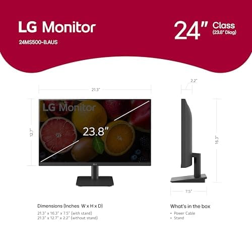 LG 24MS500-B 24 inch IPS Computer Monitor FHD (1920x1080) 100Hz 5ms Reader Mode Borderless Design OnScreen Control Black Stabilizer DAS Crosshair HDMI (WxHxD) 21.3" x 16.3" x 7.5" 5
