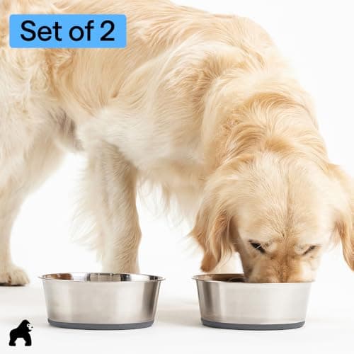 GORILLA GRIP Dog Bowls, Food Grade 304 Stainless Steel, Holds 2 Cups Each (16 fl oz) Food and Water Bowl for Feeding Dogs and Cats, Dishwasher Safe, Rust Resistant, BPA Free Rubber Base Set of 2 Gray 7