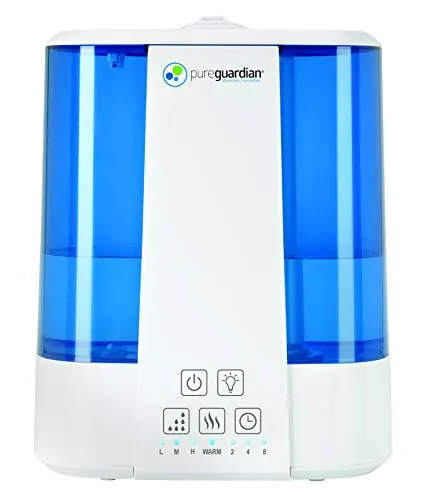PureGuardian Top Fill Warm and Cool Mist Ultrasonic Humidifier, 560 Sq. Ft., 2 Gallon Tank, 100 Hour Runtime on Low, Filter-Free with Essential Oil Tray, 3 Speeds, Silver Clean Treatment, H5225WCA