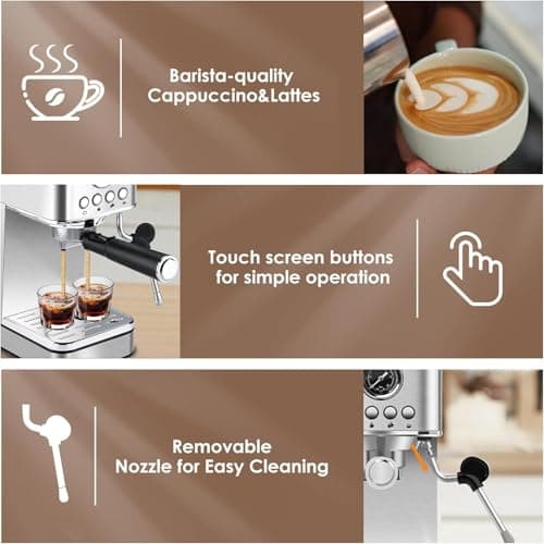 Espresso Machine Coffee Makers 20 Bar, Stainless Steel Espresso Machine with Milk Frother/Steam Wand for Espresso, Latte and Cappuccino - Premium Home Coffee Maker for Barista Quality Drinks 5