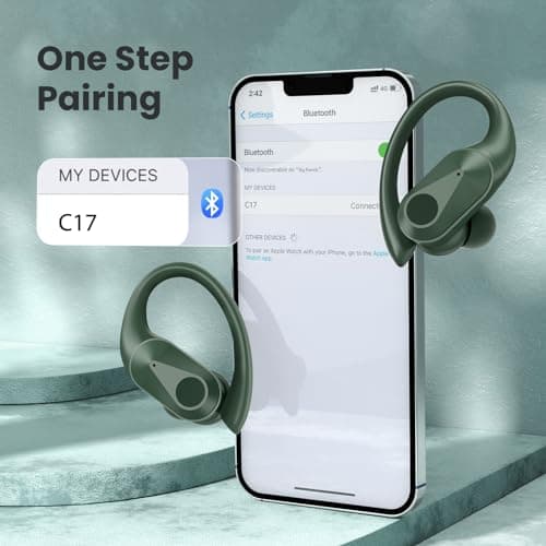 FOYCOY Bluetooth Headphones Wireless Earbuds 90Hrs Playtime Ear Buds IPX7 Waterproof Sports Earphones with Wireless Charging Case & Over-Ear Earhooks LED Power Display Stereo Bass Headset Oliver Green 5