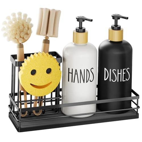 Moforoco Kitchen Dish Soap Dispenser Set, 16OZ Glass Bottle, Hand and Dish Soap Dispenser Set, Instant Dry Tray, Non-Slip Silicone Pad, Brush Holder with Smiley Face Sponge Holder, Kitchen Decor 8
