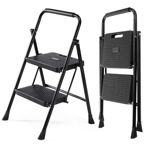 Sweetcrispy 2 Step Ladder, 800lbs Folding Step Stool with Wide Anti-Slip Pedal, Sturdy Ladder, Convenient Handrail, Lightweight, Portable Step Stool