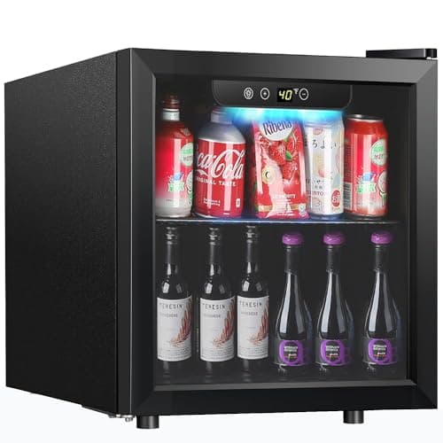 Kndko Mini Beverage Refrigerator - 48 Can Mini Fridge with Digital Temperature Control, LED Light, Reversible Door, Perfect for Home, Office, Bar, and Game Room - 1.3 Cu.Ft, Black