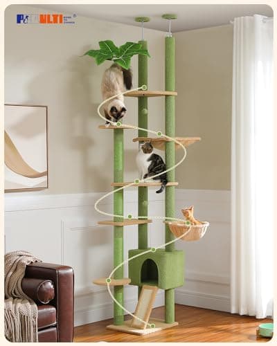 PEQULTI Tall Cat Tree, Floor to Ceiling Cat Tree Tower Adjustable [90.5''-100.4''=230-252CM] with Cat Condo, Cat Hammock and Scratching Post, Climbing Tree for Indoor Large Cats, Green 8