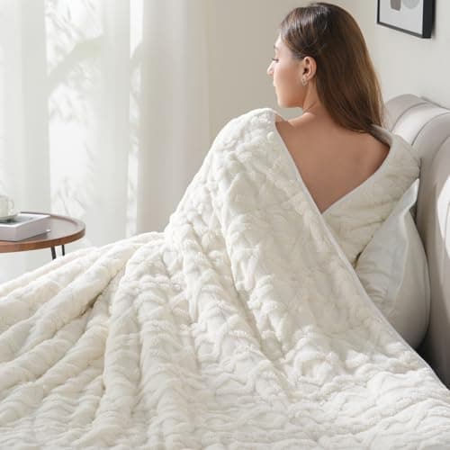 Drewin Weighted Blanket for Adults Queen Size 12 lbs, Soft Fuzzy Jacquard Sherpa Weighted Blankets for Sleeping, Cozy Sofa Bed Blanket for Winter, Cream White, 60 x 80 inches 8