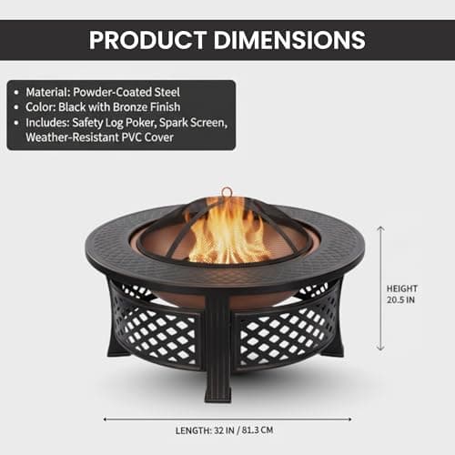 Fire Pit - 32-Inch Outdoor Fireplace with Spark Screen, Poker, and Cover - Wood-Burning Fire Pit for Yard, Patio, or Camping by Pure Garden (Bronze) 7