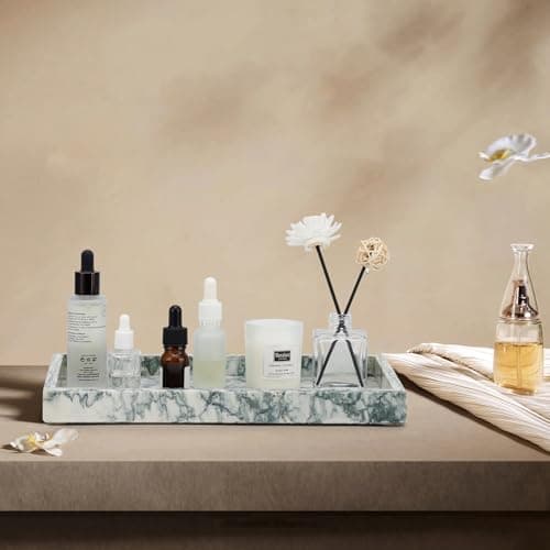 MULWR Marble Bathroom Tray,Pure Natural Vanity Tray,Marble Tray for Kitchen Counter Non-Ceramic/Non-Resin,Stone Trays 12 x 8 inch Cyan Green 6