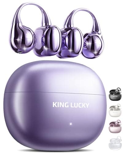 King Lucky Clip-On Earbuds Gen 3, Open-Ear Wireless Bluetooth 6.0 Headphones with Mic, Secure Fit for Small Ears & Glasses Wearers, 50H Playtime, ENC, IPX5 Waterproof Sport Ear Buds (Purple)