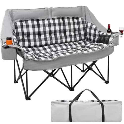 Suteck Padded Double Camping Chairs for Adults, Folding Chair with Fully Padded Seat & Back, Portable Camping Lounge Chair with Two Side Pockets, Pillow and Carry Bag for Outside, Travel, Picnics