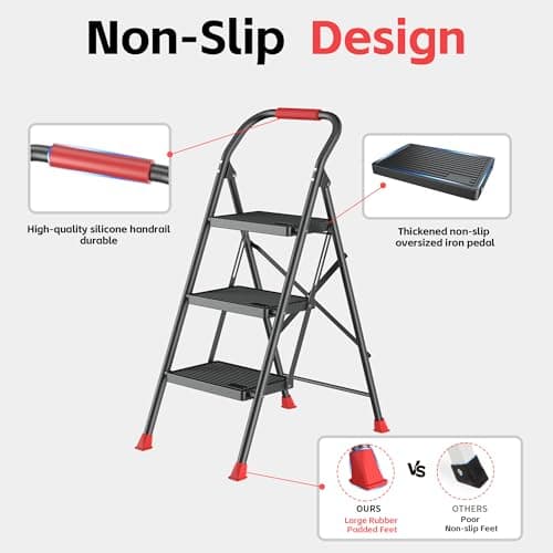 Step Ladder Foldable Folding Stool - for Home Adults Kitchen 3 Stepping Extension Tall Heavy Duty with Handrails - Closet Stepstool Stair Ladders Extendable Stepladder for Indoor House 600Lbs 4