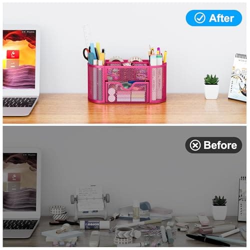 EasyPAG Mesh Pen Holder Desk Organizer with Drawer Stationery Supplies Organizer for Dorm School 9 Compartments Workspace Desk Accessories Organization for Office, Hot Pink 5