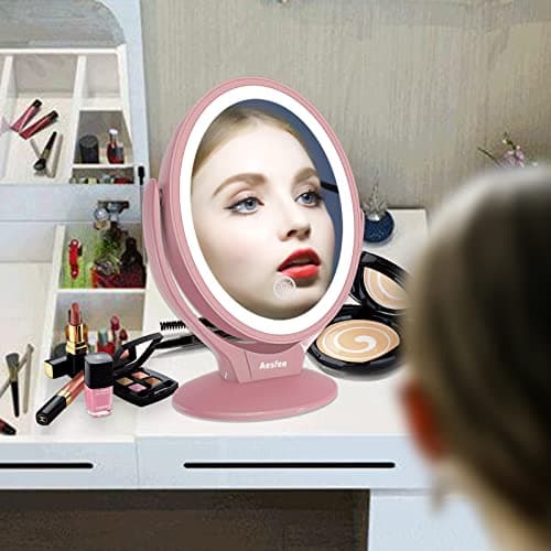 Aesfee LED Lighted Makeup Vanity Mirror Rechargeable,1x/7x Magnification Double Sided 360° Swivel Magnifying Mirror with Dimmable Touch Screen, Portable Tabletop Illuminated Mirrors 7