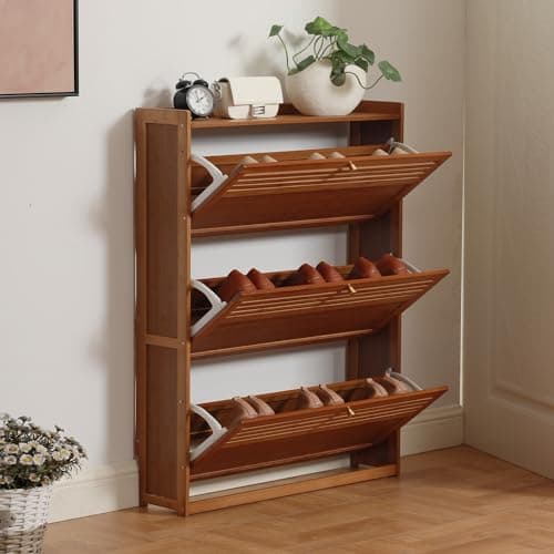 latifolia Shoe Cabinet, Bamboo Shoe Storage Cabinet with 3 Flip Drawers, Free Standing 3 Tier Shoe Cabinet for entryway, Hallway, livingroom.(27.57''L)