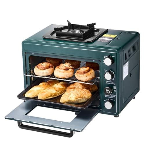 VEVOR Outdoor Camping Oven, 2-in-1 Portable Gas Camping Stove Oven Combo, Adjustable Fire, 60-Minute Timer, Windproof, for Camping Backyard Picnic Outdoor Cooking, Universal Butane Canister Compatible 9