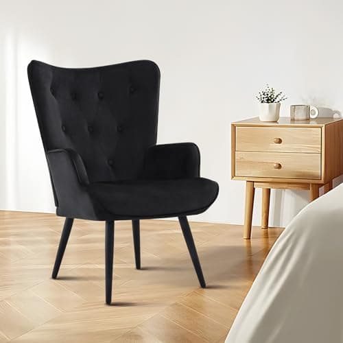 Furnimart Black Velvet Accent Chair Mid Century Modern Living Room Chairs; Comfy Armchair Leisure Vanity Guest Wingback Chair for Office Study Vanity Bedroom Waiting Room 9