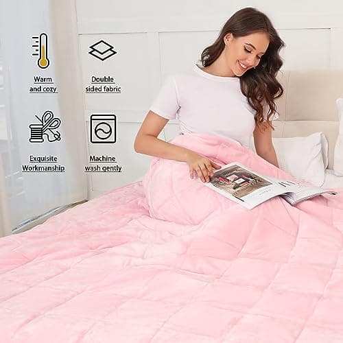 Alomidds Weighted Blanket Queen Size 20lbs 60 x 80 inches,Adult Weighted Blankets with Soft Plush Fleece,Fluffy Thick Warm Sherpa & Cozy Flannel Microfiber Heavy Blanket for Sofa Bed,Pink 6