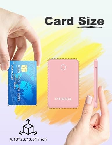 miisso 6000mah Ultra Slim Built in Cables Power Bank, Card Size Built in USB C Cords Battery Pack Portable Charger for Phones, 3 Output External Battery Pack Compatible with iPhone, Pink 2