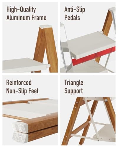 Mayi Plus 2-Step Aluminum Ladder,Lightweight Folding Step Stool with Extra-Wide Anti-Slip Steps,330 lbs Capacity,Compact Space-Saving Design for Home,Kitchen and Office（White&Woodgrain） 8