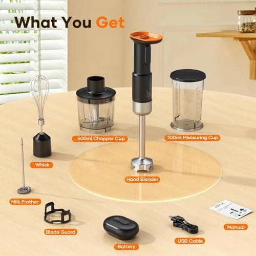 Cordless Stick Immersion Blender 5-in-1, Ritus 13000RPM Soup Blender Rechargeable Handheld Mixer For Baby Food & Smoothies, Variable Speed, Dishwasher-Safe, Mixing Beaker, Chopper, Whisk Milk Frother 9
