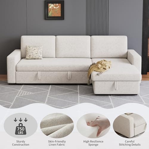 FAVSH 81.5" Convertible L Shaped Sleeper Sofa, 3-Seat Pull Out Sectional Couch with Storage Chaise & Removable Cushions, Chenille Fabric for Small Living Room Apartment, Beige 5