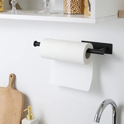 theaoo Paper Towel Holder - Under Cabinet Paper Towel Holder for Kitchen, Adhesive Paper Towel Roll Rack for Bathroom Towel, Wall Mounted Matte Black Paper Towel Rack, SUS304 Stainless Steel(1, Black) 7