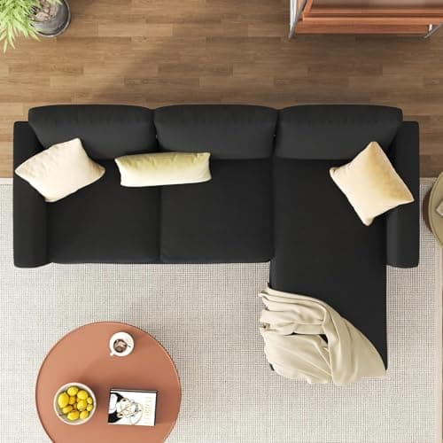 JAMFLY 3-Seat Convertible L-Shaped Sectional Sofa with Reversible Ottoman, Upholstered Fabric Couch for Small Living Rooms, Modern Modular Couch for Apartment, Studio & Loft, Black 7