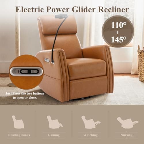 COLAMY 270 Power Swivel Glider Recliner Chair with Removable Mobile & iPad Holders, PU Leather Reclining Rocker with Built-in USB & Type-C Charging Ports for Nursery, Living Room & Office, Brown 5