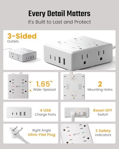 10Ft Extension Cord with Multiple Outlets, Flat Plug Surge Protector Power Strip 10 Ft Long Cord, 8 Outlets & 4 USB Ports (2 USB C), Desk Charging Station for Home Office, College Dorm Room Essentials 8