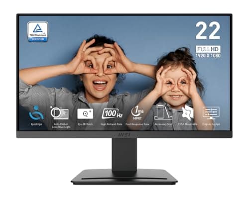 msi PRO MP223 E2, 22-inch VA 1920 x 1080 (FHD) Computer Monitor, 100Hz, Adaptive-Sync, HDMI, Video Port, Display Port, VESA Mountable, Tilt, 1ms, Black