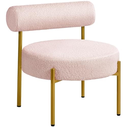 Yaheetech Boucle Vanity Chair, Modern Tufted Accent Chair, Cozy Sherpa Barrel Chair with Gold Legs, Club Chair for Living Room Bedroom Makeup Room Home Office, Pink