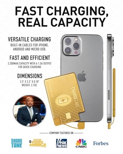 AquaVault ChargeCard – Ultra Slim Emergency Power Bank (2300mAh) – Fits in Wallet – USB-C & Micro-USB – Durable Steel Body – Flight-Safe for iPhone 12-17 & Android - Gold 4