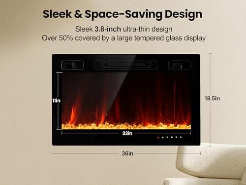 Electric Fireplace Insert 36" Realsmart 1500W Wall Mounted Fireplaces Recessed Heaters Remote Control Slim Black Fireplace Touch Screen Timer 12 Flame Colors LED Decor Low Noise 7