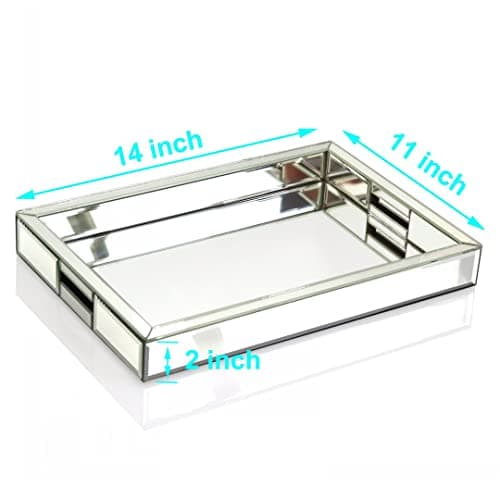 Rectangle Silver Mirror Decorative Tray Size 11” Length x 14” Width x 2” Height, Mirrored Vanity Organizer with Hand, Markup Perfume Jewelry Tray for Bathroom Bedroom Dresser Coffee Table qmdecor 5