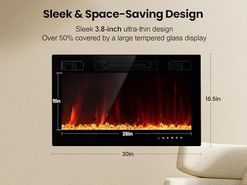 Electric Fireplace Insert 30" Realsmart 1500W Wall Mounted Fireplaces Recessed Heaters,Fit for 2 X 6 stub, Remote Control Slim Black Fireplace Touch Screen Timer 12 Flame Colors LED Decor Low Noise 7