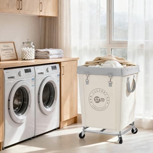 STORAGE MANIAC Commercial Laundry Hamper with Heavy Duty Steel Frame, 160 L Industrial Laundry Basket Cart with Wheels for Hotel, Home, Laundry Room, 18''L x 18''W x 31''H, Medium Beige 8