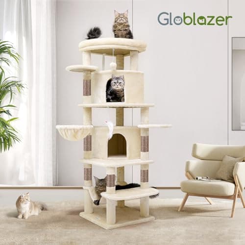 Globlazer Corner Cat Tree for Large Cats, 66inch Tall Curved Series Large Cat Tower for Multiple Indoor Cats with 6 Scratching Posts, 2 Spacious Cat Condos, Hammock, Hanging Basket, C66, Beige 8
