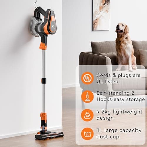TC-JUNESUN 23Ft Corded Vacuum Cleaner, 600W Powerful Self-Standing Stick Vacuum for Home with 20Kpa Suction, 2 Speeds Lightweight Household Vacuum Cleaner for Carpet,Hardwood Floors and Pet Hair 6