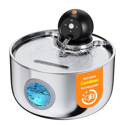 Wireless Cat Water Fountain Cordless: Stainless Steel Cat Fountains for Drinking - 88oz/2.6L Battery Operated Pet Water Fountain Indoor with Motion Sensor - Rechargeable Automatic Water Dispenser