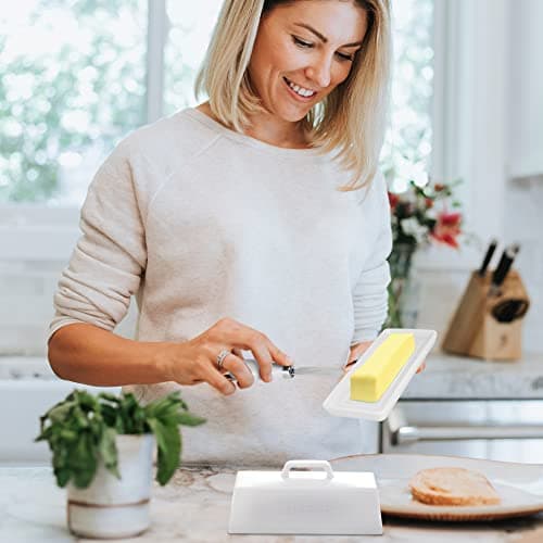 Ceramic Butter Dish Set with Lid and Knife - [White]- Decorative Butter Stick Holder with Handle for 1 Stick of Butter - Microwave Safe, Dishwasher Safe - Anti-Scratch Stickers Included 9