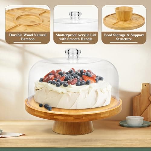Bamboo Cake Stand with Lid, 6 in 1 Multifunctional Round Shatterproof Cake Plate Serving Platter, Cake Holder, Veggie Tray, Salad Bowl, Fruit Bowl, Donut Stand, Nachos Plate, Dessert Table Display 5